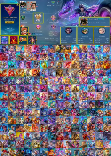 ⚔️ Alucard Legend 🌙 Lunox Legend 💎 Selena Zenith 👑 Angela Kishin 🥊 Chou KOF 🐝 X.Borg Bumblebee, Продажа, Ранг: Мифический Бессмертный, Уровень: 118, Процент побед: 55%, Герои: 133, Облики: 436