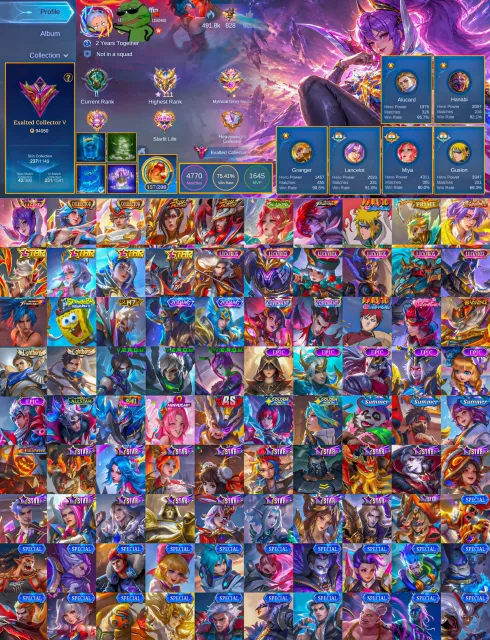 📈 80–90% Win Rate ⚡ Fanny Legend 🌸 Benedetta & Clint Soul Vessel 💀 Gusion Minato 🏹 Miya Season Skin, Продажа, Ранг: Мифический Бессмертный, Уровень: 43, Процент побед: 75%, Герои: 98, Облики: 237
