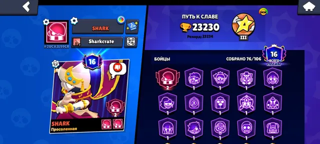 Ak in Brawl, 23230 trophies, 76 brawlers, 16 primes