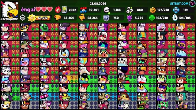 BS# 617 ➤ 104/105 Brawlers🌵 63 Max⚡ 89 Hypercharges🔥 35/63 Buffie🎖️ 68,264 Trophies🏆 258 Skins🎭, 68264 кубков, 104 бравлеров