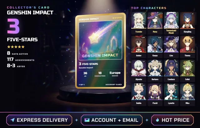 🌸 ALL DEVICES • EUROPE ✦ 3 FIVE-STAR CHARACTERS • AR 36 ✦ Traveler, Mona, Mizuki, Xiangling C1, Any platform, Email linked, Any, Levelled up, AR 36