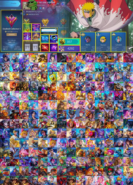Guru 2 💎 952 JJK Points ⚔️ Alu Lgnd 💀Gus Night owl+ Minato 🥋 Chou Libra 🌌 Argus StarWars 🍥 Sasuke, Продажа, Ранг: Мифический Бессмертный, Уровень: 65, Процент побед: 55%, Герои: 133, Облики: 392