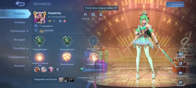 Selling Personal Account, Sale, Rank: Epic, Level: 9, Win Rate: 53%, Heroes: 65, Skins: 43