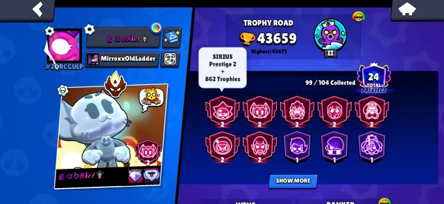 # 🔥 Brawl Stars Account | 43K+ Trophies | Master Peak | Sirius Almost Prestige 3 🔥, trophies 43000, brawlers 99, primes 24