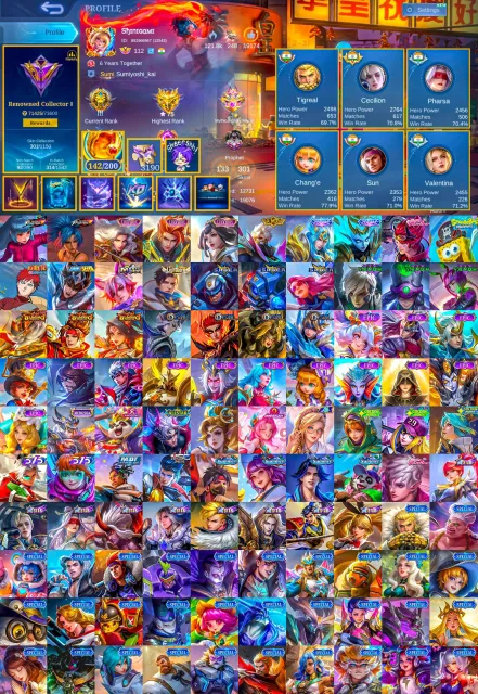 KOF Aurora, Lancelot Claude Guinevere Lucky Box, 142 cores, Max Heroes Max Emblems, Global 🔥, Sale, Rank: Mythical Glory, Level: 142, Win Rate: 60%, Heroes: 133, Skins: 301