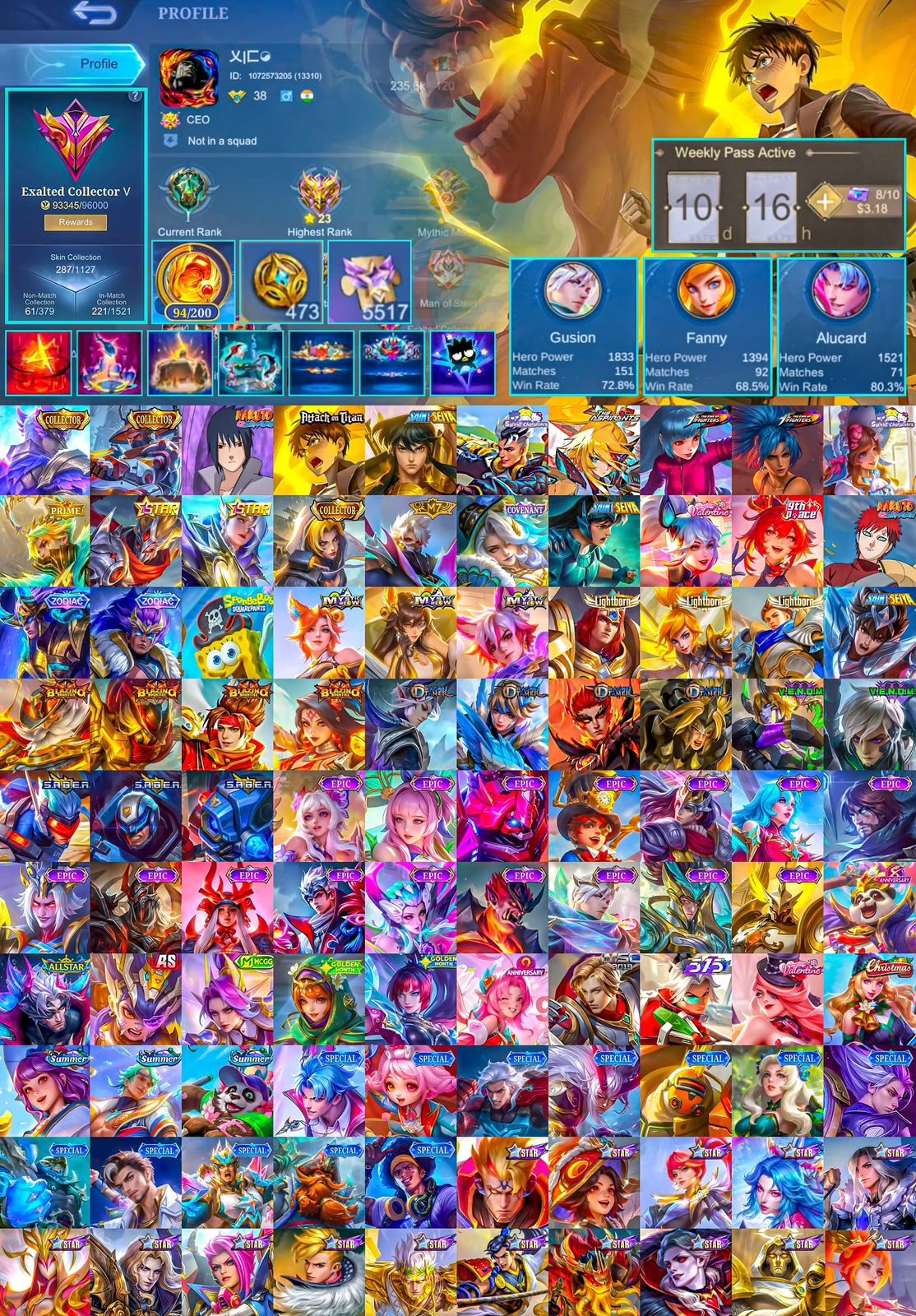 Sasuke, Eren, Gold Chou, Collector Gusion YSS, High WR, Global 🔥, Sale, Rank: Mythic, Level: 68, Winrate: 65%, Heroes: 100, Skins: 287
