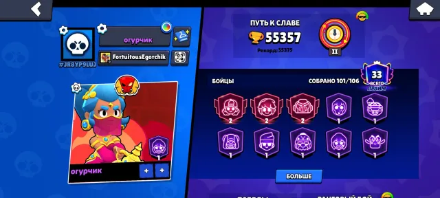 League, many skins, 55357 trophies, 101 brawlers, 33 primes