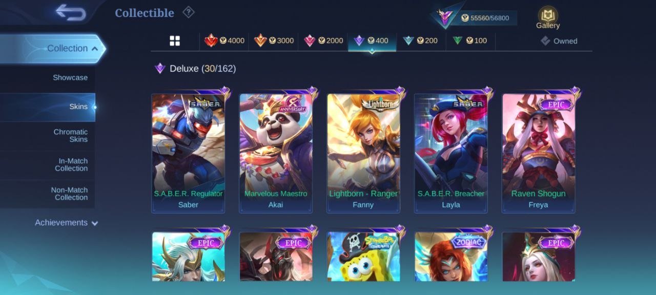 Prime granger🌈KOF Karina🌈LUCKYBOX Hanabi Star Hayabusa Angela Karrie🌈deluxe 30🌈zodiac Hilda Marti's, Sale, Rank: Mythic, Level: 49, Winrate: 52%, Heroes: 114, Skins: 214