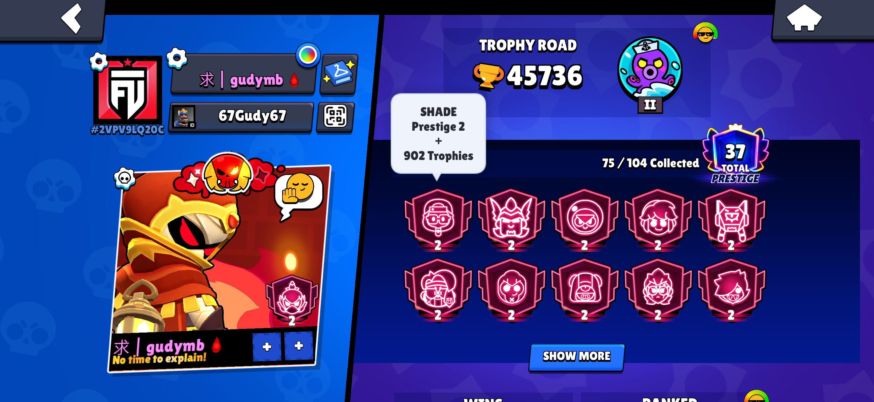 🌟 18 2 Primes / Paid account, almost Prime Shade #3 ⚡️, trophies 45736, brawlers 75, primes 37