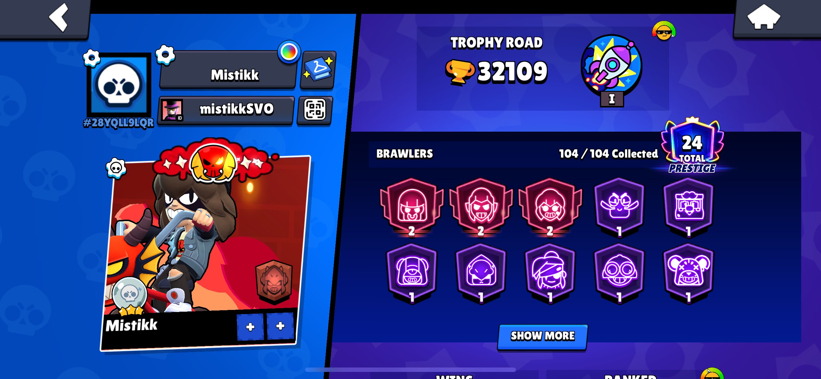 SELLING PERSONAL ACCOUNT 😈😈😈😈 104 BRAWLERS 😈😈😈 32K TROPHIES 😈😈😈 SKINS WORTH 20K GEMS, trophies 32109, brawlers 104, primes 24
