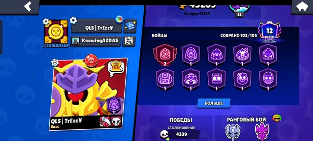 Good account in 2019 year, 3 BP skins, 1 BP skins key,many removed skins, trophies 43000, brawlers 103, primes 12