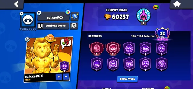 The best account for the base, trophies 60237, brawlers 104, primes 32