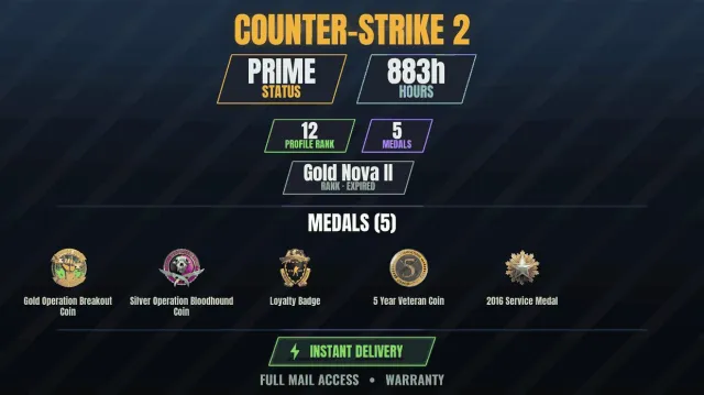 【CS2 Prime🎯883h👑5 medals】 Golden coin of the Breakout operation, Silver coin of the operation, Sale, Inventory empty, Has PRIME