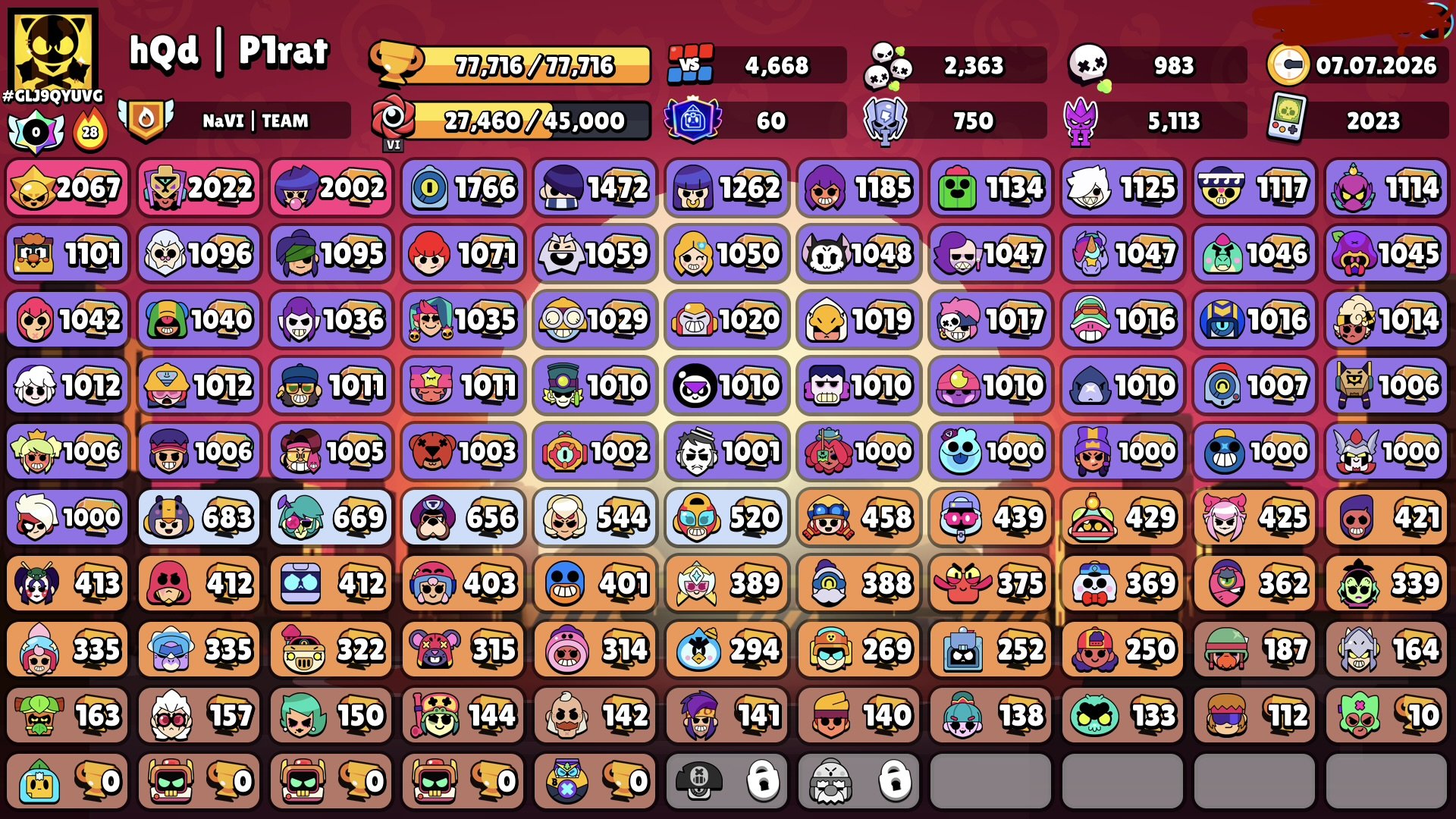 Ndkdpdndoxndkxnskdndmsksd djxksndkdnsosbsjxbdbxnx, trophies 77716, brawlers 104, primes 60