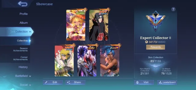 🔥 STACKED ACCOUNT | 83 SKINS | 2x NARUTO COLLAB + KOF + SOUL VESSELS + ANNUAL STARLIGHT, Sale, Rank: Unranked, Level: 1, Winrate: 1%, Heroes: 1, Skins: 1
