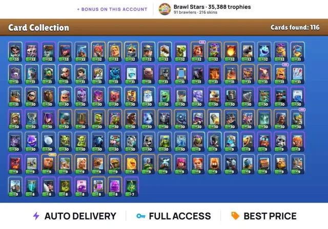 (Android/iOS) 🏆 CR King 13 🏆 Valkyrie + Barbarians + Bomber + Giant + Boss Bandit + Golden Knight, Arena 17, Level 13, 6195 trophies, 116 cards, No