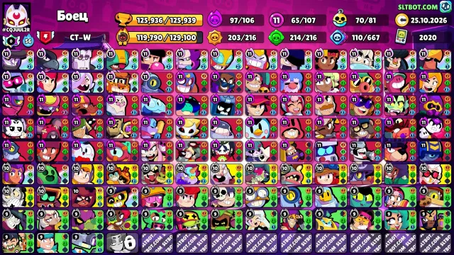 Fat brawl stars account 126k total many skins, maxed out, 126000 trophies, 107 brawlers, 107 primes