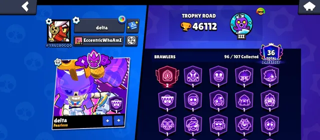 personal account from 2021, 46k trophies, 36 primes, 213 skins, 185 gems, 46112 trophies, 96 brawlers, 36 primes