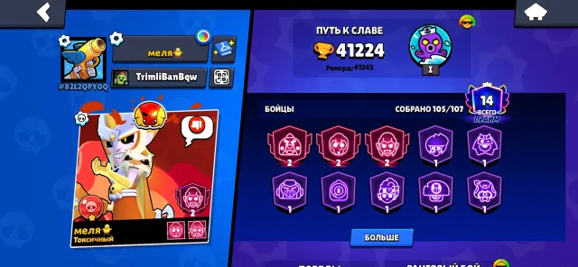❤️awesome account in brawl stars❤️, 41224 trophies, 105 brawlers, 8 primes