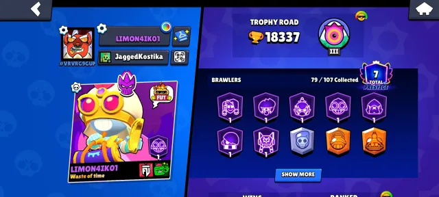selling account in brawl stars account from 2024, 18337 trophies, 79 brawlers, 7 primes