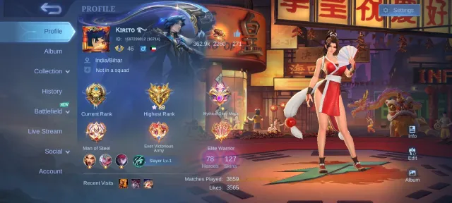 Good WR, KOF Masha, Luckybox Akai, Meowkin, Valentine, TP Lightning, Max Emblem, Global 🔥, Sale, Rank: Mythic, Level: 76, Winrate: 60%, Heroes: 78, Skins: 127
