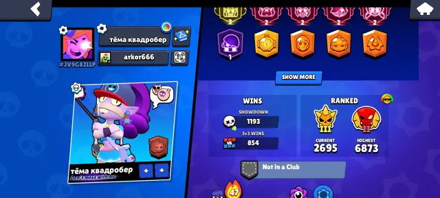 BULL 3P, SHELLY RECORD 2222, CROW 2932, 2 BP+, L2 RANKED, trophies 19714, brawlers 72, primes 12
