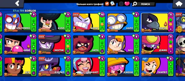 Account with 20 years, has rare skins, 6 legendaries, 15000 trophies, 57 brawlers, 2 primes