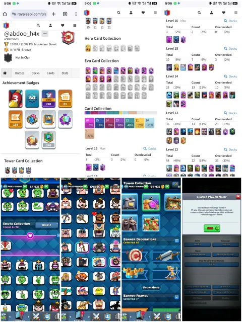 Kt15~ lvl 60 ~ 1 hero ~ 14 evo ~ 3 lvl 16 ~ 10 elite ~ 23 max lvl 14 ~ 61 emotes ~ 5 tower, 1 arena, 60 level, 11000 trophies, 20 cards, 14 leg, Available