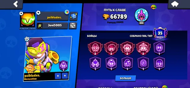 55 full brawlers, graffiti for rank 30, 4 old mythics, 66789 trophies, 107 brawlers, 35 primes