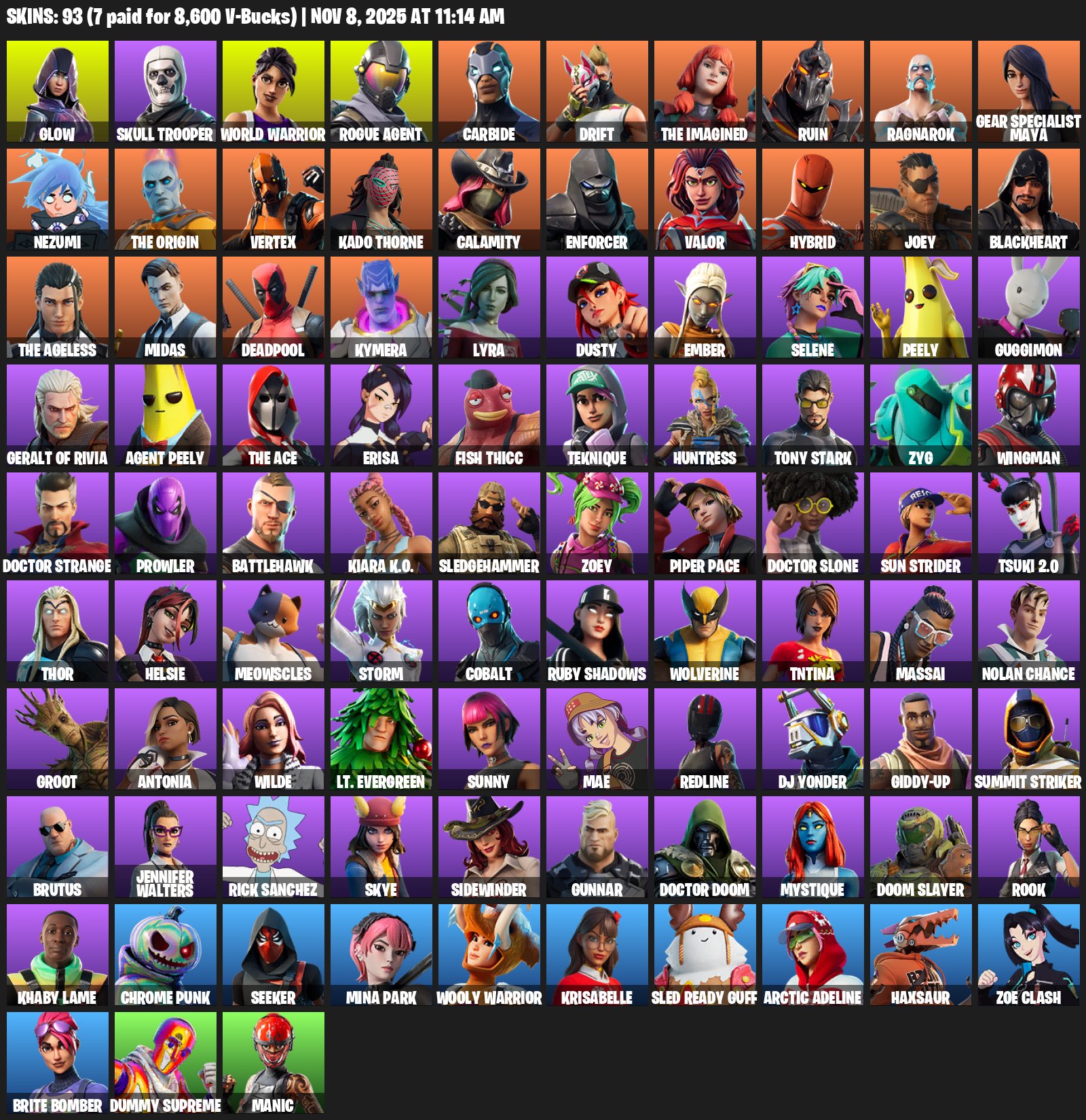 🌸93 SKINS💎Glow💎Skull Trooper💎World Warrior💎Rogue Agent💎Off-Grid💎✨ Full Access✨, Sale, skins 93
