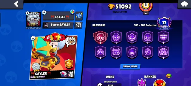 2 legendaries 2025,3rd moon frame, a lot of skins,44 buffies,36 maxxed brawlers, free name change, trophies 51000, brawlers 105, primes 17