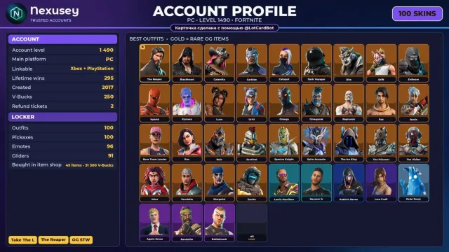 🚀 ⟦ FORTNITE ⟧ OG STW, Take The L, The Reaper, Elite Agent ✦ 100 skins ✦ 1490 level ✦ 250 V-Bucks ✨, Sale, skins 100