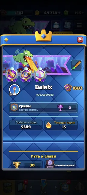 Account, 32 arena, level 1803, 140000 trophies, 125 cards, No