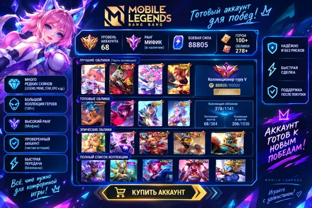 🔥 АККАУНТ MOBILE LEGENDS — КОЛЛЕКЦИОНЕР 🔥, Продажа, Ранг: Мифический, Уровень: 68, Процент побед: 52%, Герои: 150, Облики: 278