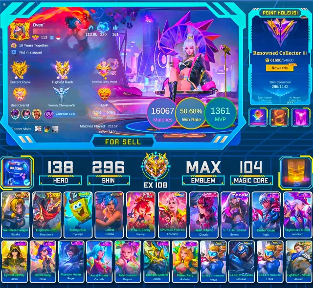 STUN SELENA | Hero 138 - Skins 296 | More Details Check Screenshot | Moonton Login - All Empty, Sale, Rank: Mythical Immortal, Level: 143, Win Rate: 50%, Heroes: 138, Skins: 296