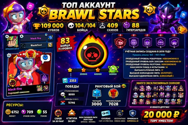 🔥 Selling a top-tier Brawl Stars account | 109,000 🏆 | 104/104 fighters | 409 skins |, trophies 109000, brawlers 104, primes 86