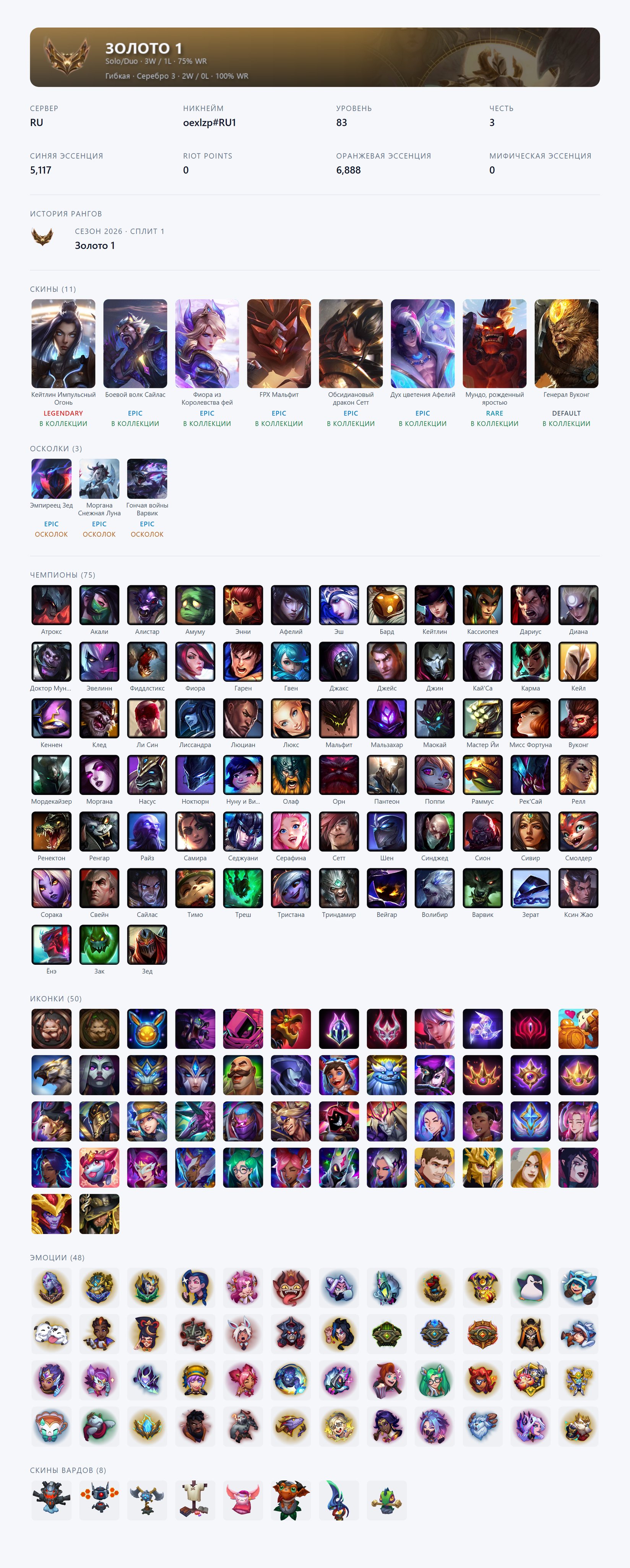 🟥🕗 AUTO DELIVERY ⬜️ Pulsefire Caitlyn, Battle Wolf Sylas, Empyrean Zed 🟥✅ EMAIL ⬜️#F8FX, Sale, level 83, champions 75, skins 11, Gold