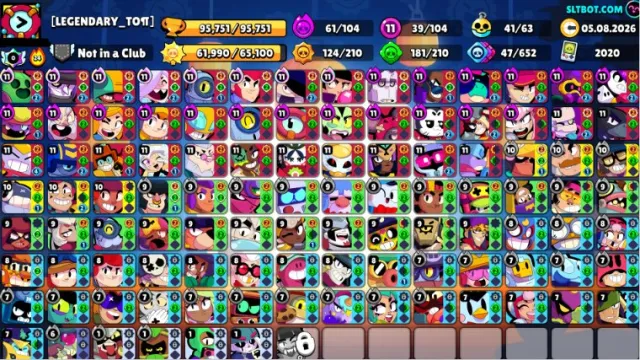 🟢❇️✅🟢425+ gems🟢🏆94.000🏆 🔥270+ SKINS🔥🔝🔥50 11 forces🔥94🟣12🔴6🟡4🔮✅❇️🟢, trophies 95700, brawlers 104, primes 78