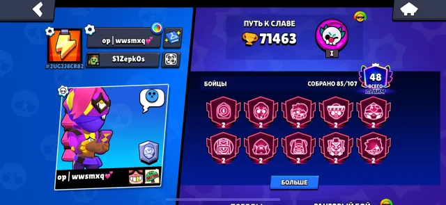 New account 72k has many skins, 72000 trophies, 85 brawlers, 48 primes