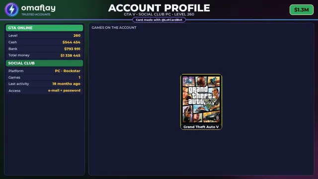 ⚡ 【SOCIAL CLUB】 💎 ПОЛНЫЙ ДОСТУП | ПОДХОДИТ ДЛЯ ONLINE/RP | УРОВЕНЬ 260 💎 $1.3M #4F71BZ, Продажа