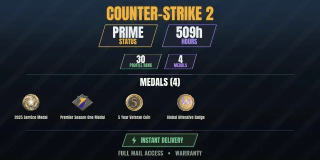 CS2 Prime👑509h✨4 medals Medal for Service 2025, Premier Medal, season 1, Veteran Coin 5, Sale, With inventory, Has PRIME