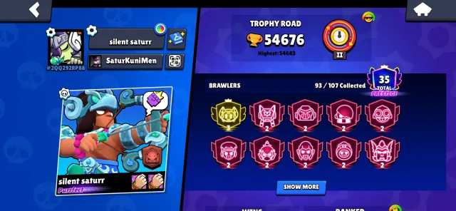 Rebinding👑UPGRADED ACCOUNT WITH 3 PRIME👑SEE DESCRIPTION!!, 54000 trophies, 93 brawlers, 35 primes