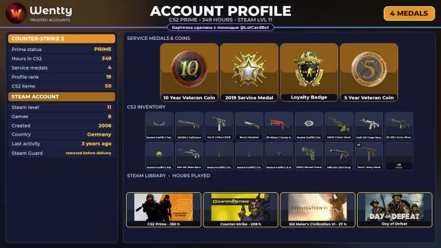 🔥 [CS2 PRIME] +4 RARE MEDALS: 10 YEARS · SERVICE 2019 — 2006 | +3 GAMES | FULL ACCESS #49N0PE, Sale, With inventory, Has PRIME