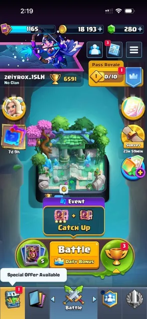 👑6591 CUPS👑⚔️1165 LEVEL⚔️🔮DECK WITH WITCH🔮🧬5 EVOLUTIONS🧬🦸1 HERO🦸🃏116/123 CARDS🃏💚280 GEMS💚🎭20 EMOJIS🎭, 18 arena, 1165 level, 6500 cups, 116 cards, 19 leg, Available