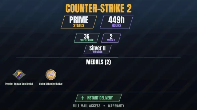 【CS2 Prime💠449h💎2 medals】 Premier Medal, season 1, Global Offensive Badge, Sale, With inventory, Has PRIME