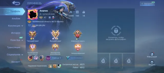 PERSONAL ACCOUNT, EMBLEMS ALL AT MAX LEVEL, MANY FAT SKINS, READ DETAILED DESCRIPTION!, Sale, Rank: Mythical, Level: 47, Win Rate: 50%, Heroes: 80, Skins: 100