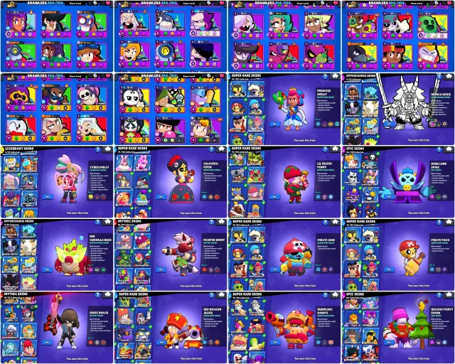 OLD ACC WITH 54k CUPS + LIL HELPER PENNY + CALAVERA PIPER + PRINCESS SHELLY + PIRATE POCO + GENE, trophies 54700, brawlers 104, primes 28