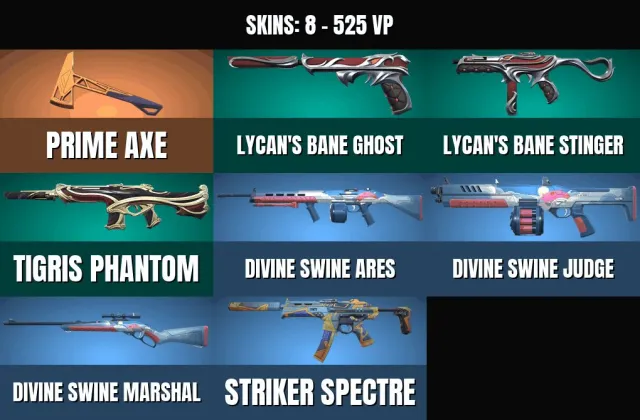 8 skins 💠 1 KNIFE💠Axe "Prime"💠Phantom "Tiger"💠Ghost "Wolf's Fury"💠Stinger "Fury, Sale, Calibration, Agents: 2, Skins: 8