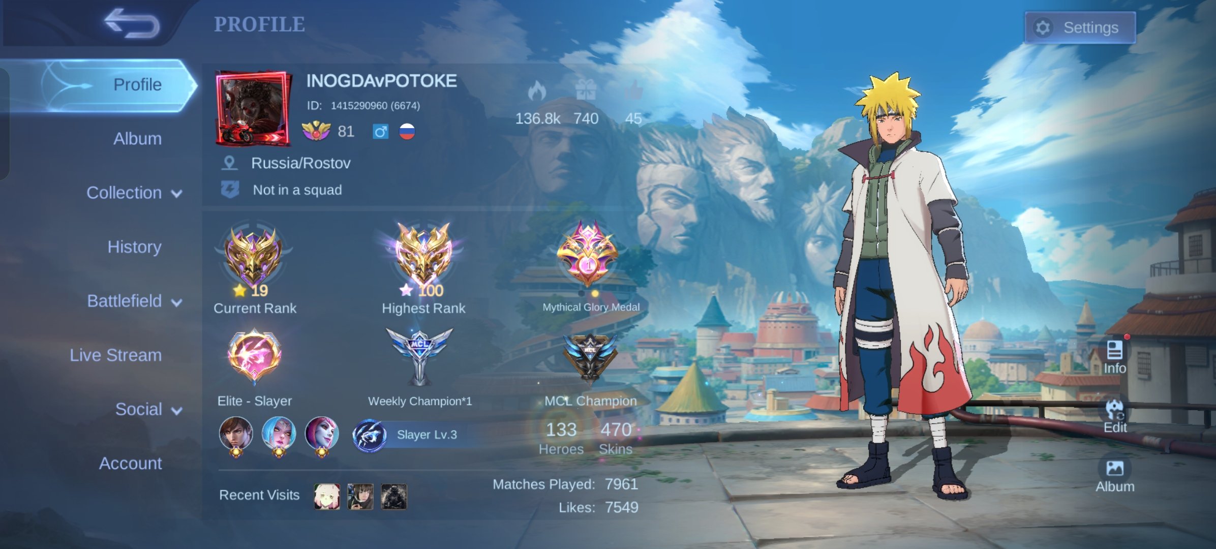 Mega 4, Legend, Naruto, StarWars, Ducati, KOF, 11.11, 181 Core, RU 🔥, Sale, Rank: Mythical Immortal, Level: 111, Winrate: 48%, Heroes: 133, Skins: 470