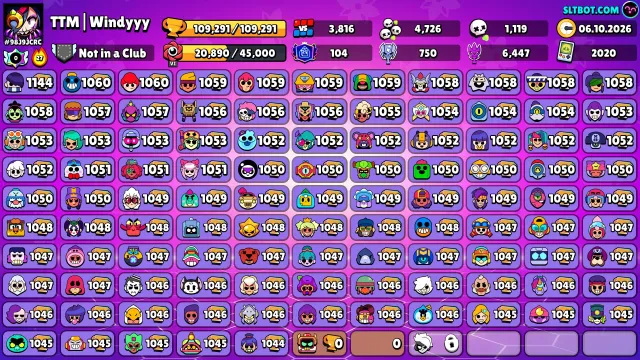 🏆109K🏆Cheap region⭐️104PRIMES⚡️🟡39K Coins🟡💎128 Crystals💎✨39K BLINGS, 109291 trophies, 106 brawlers, 104 primes